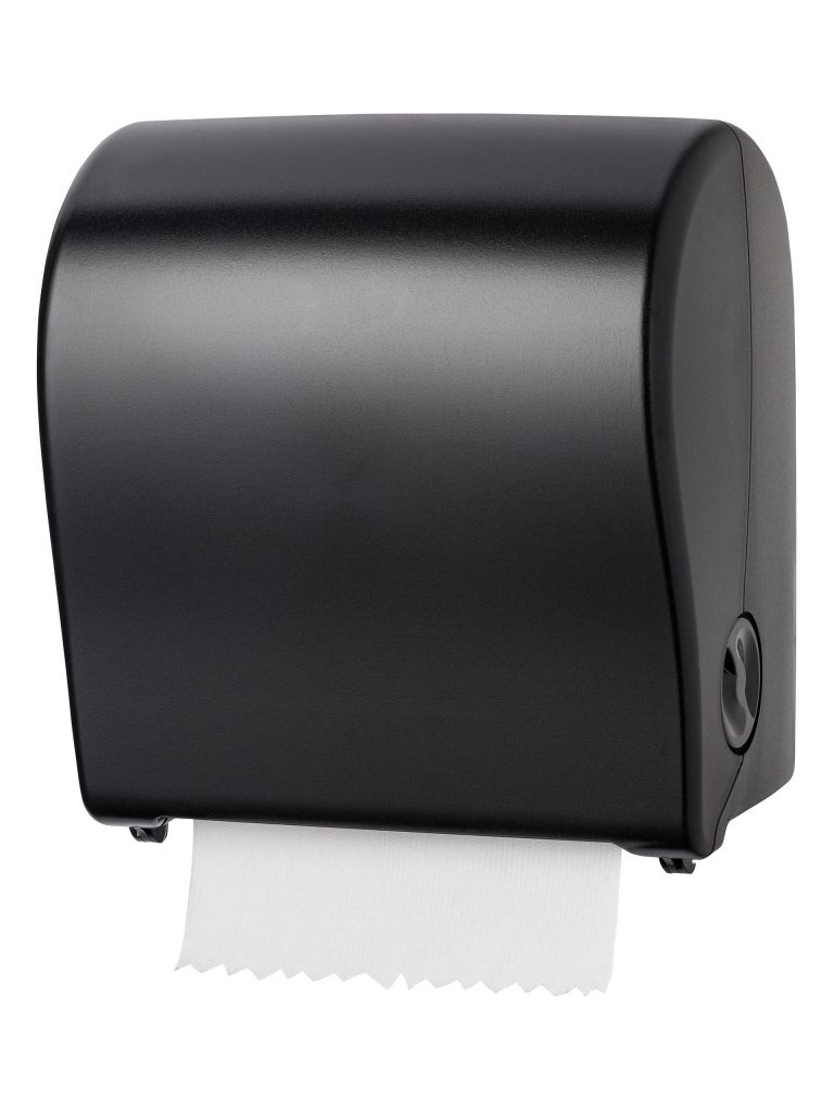 Zwarte handdoekrol dispenser.