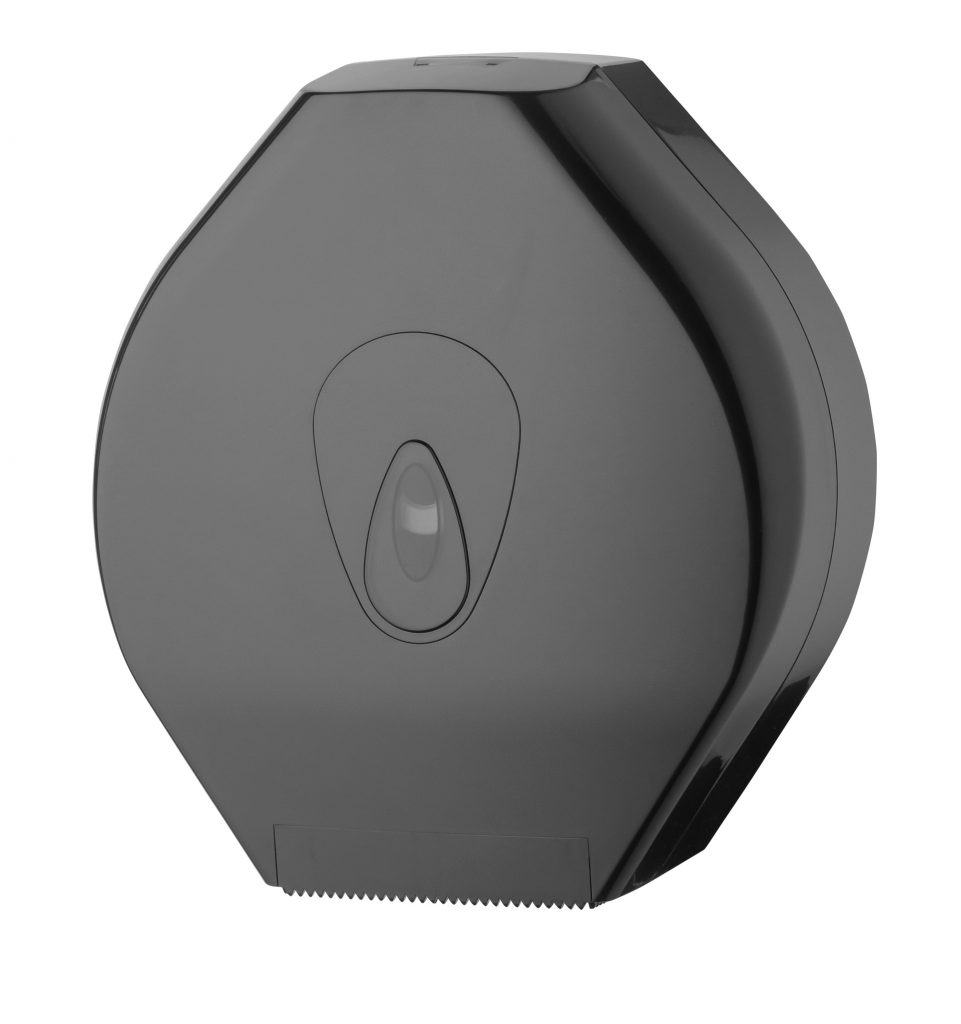 Zwarte maxi jumborol toiletpapier dispenser.