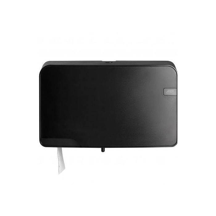 Zwarte mini jumbo duo toiletpapier dispenser.
